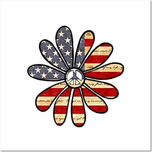 American Flag Hippie Flower With Peace Sign Center Posters and Art